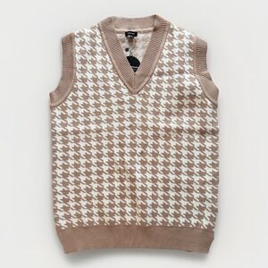 NWT Mittoshop Houndstooth Sweater Vest Sz M/L Beige Preppy V Neck Light Academia